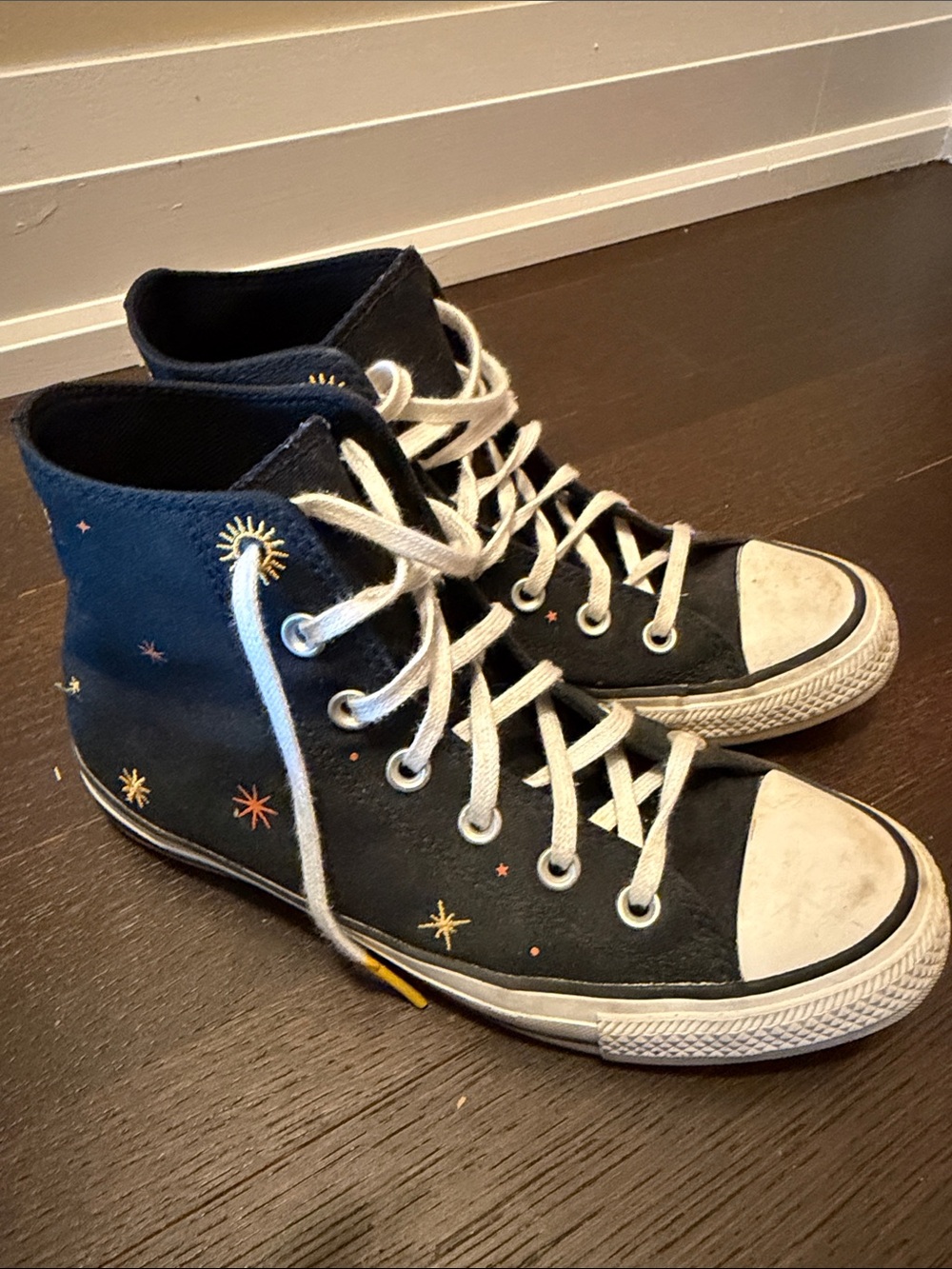 Converse Womens Black High-Top Canvas Sneakers with Multi-Star Embroidery